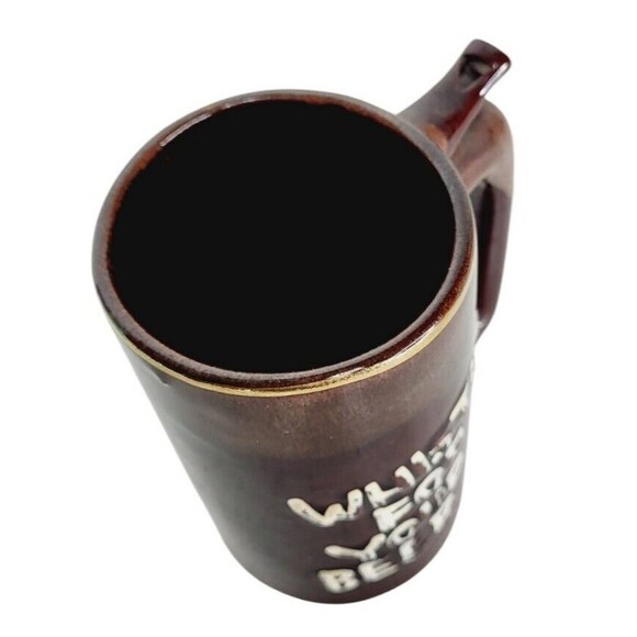 Vintage "Whistle For Your Beer" "Wet Your Whistle" Redware Beer Mug Brown Drip - Picture 10 of 11